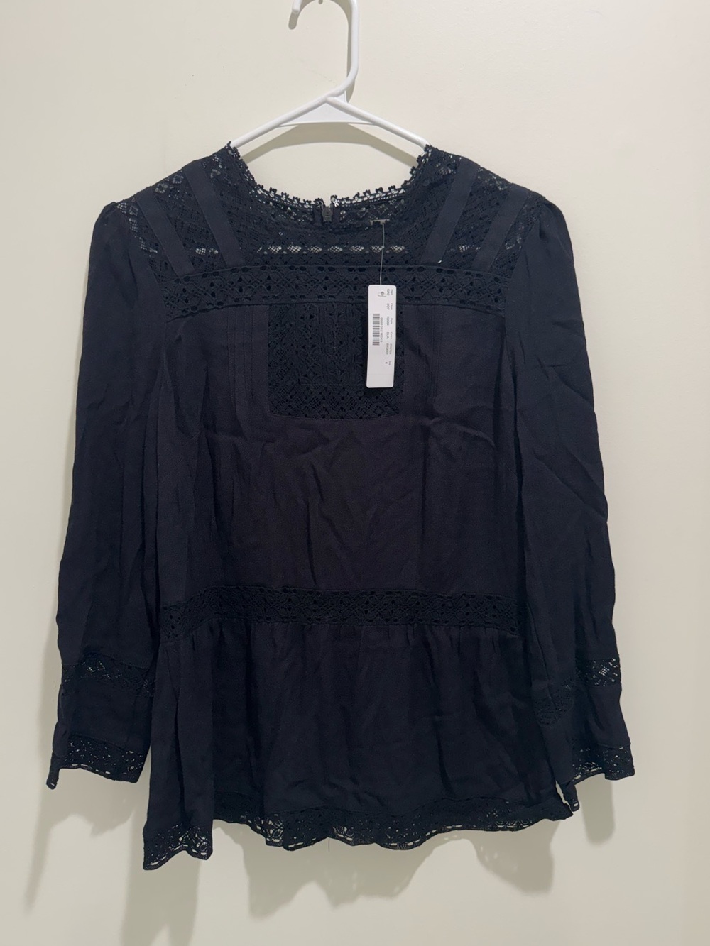 J.Crew Point Sur Black Lace Trim Peplum Blouse Size 6 NWT